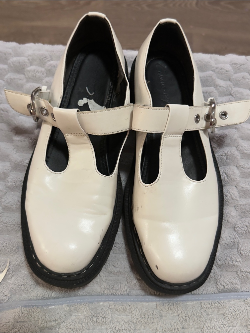Women's White T-Strap Mary Jane Flats with Buckle
